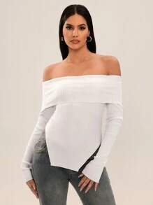 SHEIN SXY Off-Shoulder Solid Color Casual Versatile Asymmetrical Hem Sweater - White - View 6