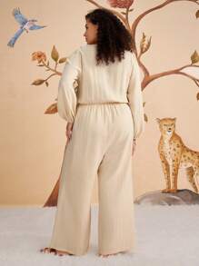 SHEIN VCAY Plus Size Women's Apricot Bowknot Front Lantern Sleeve Textured Jumpsuit, Casual Holiday Wear