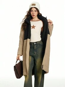 SHEIN Explorewe Abrigo casual acolchado con cremallera al frente, manga larga y hombros caídos, de bloques de color, para niña adolescente, invierno - Multicolor - Ver 5