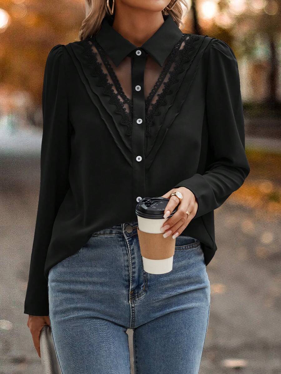 LanaWest Contrast Lace Button Front Shirt Black Blouse For Women