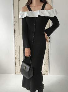 FRIFUL Women Contrast Color Block Button-Front Long Sleeve Casual Sweater Dress,Ruffle - Black - View 4