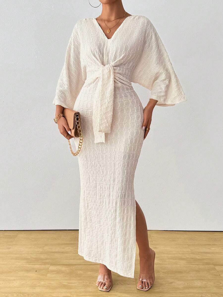 Celisse Women's Solid Color Long Sleeve V-Neck Tie Front Split Casual Dress Maxi Women Outfit - Apricot - View 1