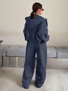 DAZY Women's Solid Color Drop Shoulder Long Sleeve Zipper Front Drawstring Hooded Sweatshirt And Sweatpants Casual Suit Set, Autumn,Women Two Piece Sets