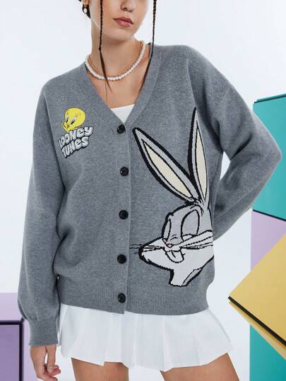 LOONEY TUNES X SHEIN Women Grey Casual Rabbit Cartoon & Letter Pattern Jacquard Dropped Shoulder Loose V-Neck Button Up Cardigan Cute Sweater Cardigan Fall Sweaters Ugly Christmas Sweater