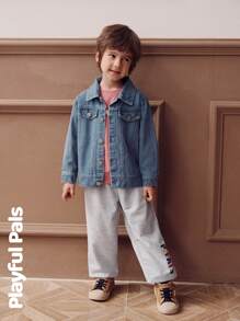 SHEIN 1 件装男童字母印花运动裤，可爱/复古/休闲/居家/外出，秋冬季 - 灰色 - 查看 5