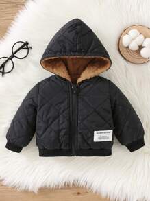 SHEIN 新生男婴/女婴可爱字母贴片毛绒衬里拉链连帽绗缝夹克，厚保暖衬里，适合秋冬季 - 藏蓝色 - 查看 11