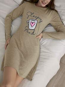 EURMUSE Women Cottnline & Lettered Night Dress - Beige - View 3