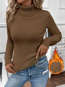 SHEIN LUNE Women's Solid Color Turtleneck Long Sleeve Minimalist Sweater, Casual Everyday Wear - Mocha Brown - View 1