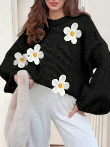 Chiquease 女士休闲日常宽松落肩花卉刺绣毛衣，秋冬