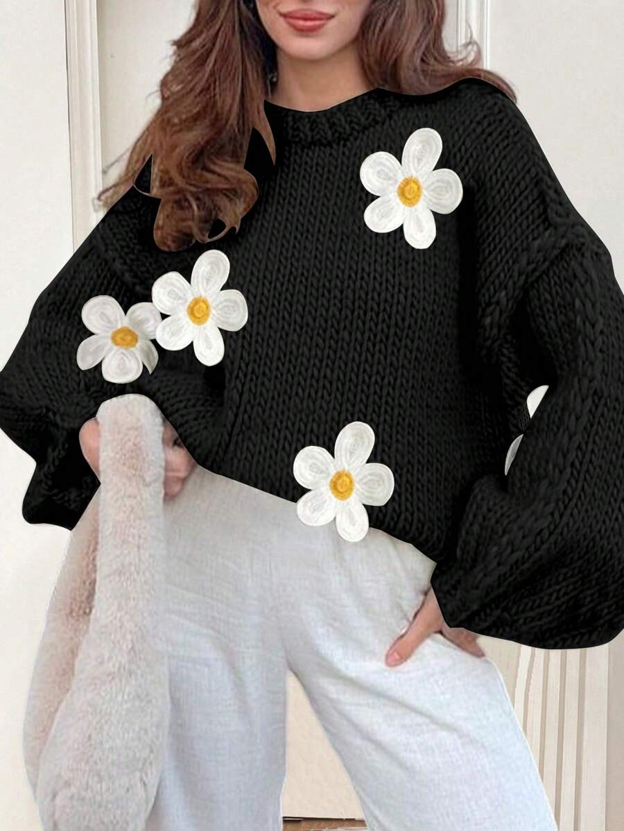 Chiquease 女士休闲日常宽松落肩花卉刺绣毛衣，秋冬