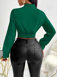 SOLERSUN Women's Solid Color V-Neck Long Sleeve Casual Top - Dark Green - View 2