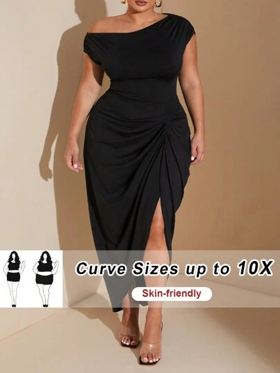 SHEIN CURVE+ Plus Size Women's Autumn And Winter Fashion Big Women Elegant Date Party Black Stretch Knit Comfort Gathered Details Off-Shoulder Draped Dress Asymmetric Hem Slit Midi Dress