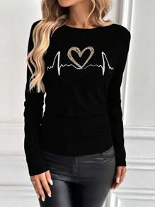 Chiquease Women Casual Cheetah & Heart Print Top, Minimalist & Fashionable Graphic Tees Women Tops Fall Cloth For Women - Black - View 3
