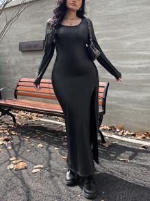 SHEIN EZwear 大码女士冬季连衣裙，女士长袖连衣裙，休闲连衣裙，皮革连衣裙，秋季黑色 PU 皮革材质裙子 - 黑色 - 查看 5