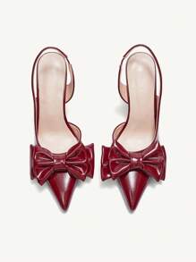 CUCCOO CHICEST Women's Pointed Toe Faux Leather Slip-On High Heel Pumps With Oversized Bow Design, Romantic And Elegant, Wine Red Color, Suitable For Dates, Tea Parties, And Parties For And Vibe And Spring Shoes Spring Break Easter Prom Heels - Burgundy - View 8