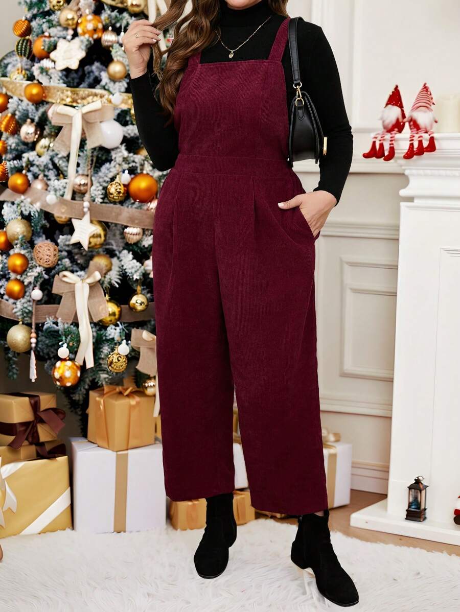 SHEIN LUNE Plus Size Solid Color Wide Strap Pocket Simple Jumpsuit, Casual Everyday Wear - Burgundy - View 1
