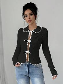 Elenzga Blusa casual de manga larga con botones frontales y ribete de color contrastante para mujer