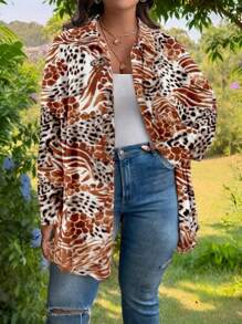 SHEIN LUNE Große Größen Vintage Leoparden-Muster Langarm-Hemd für Herbst/Winter Urlaub - Verschiedenfarbig - Übersicht 9