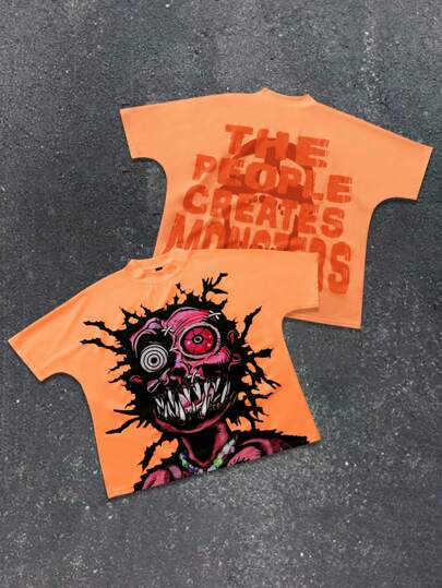 Manfinity Roghcode Camiseta de Halloween con monstruo de ojo grande color albaricoque para hombres