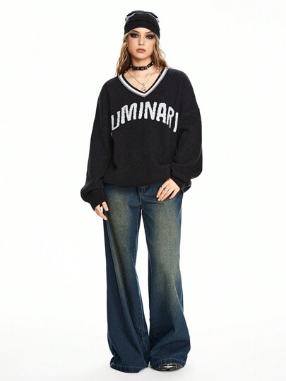 Vielseitiger Lässig Pullover mit besticktem Schriftzug