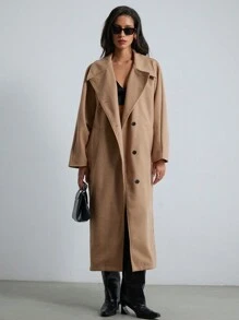 SHEIN Privé Áo khoác dài tay cánh dơi thiết kế theo phong cách Pháp rộng rãi, thoải mái hợp thời trang - Màu Khaki - Xem 4