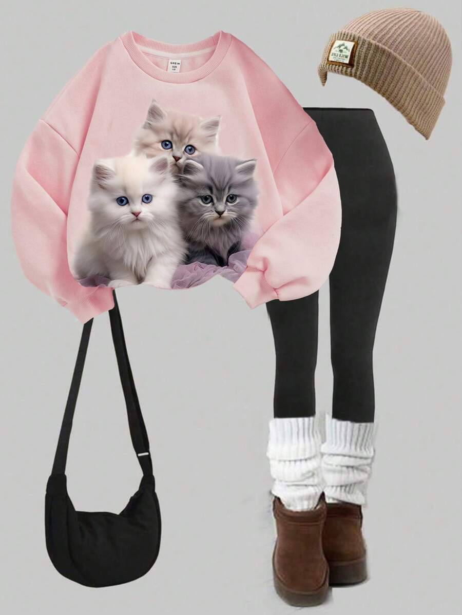 青少年女孩休闲宽松舒适圆领猫咪图案运动衫和裤子两件套，冬季服装 - 粉色 - 查看 1