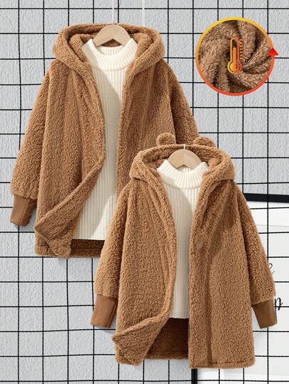年轻女孩连帽开衫带3D耳朵毛茸茸保暖防风加保暖内衬秋冬新款咖啡棕色户外休闲姐妹搭配可爱上衣连帽长袖针织时尚冬装