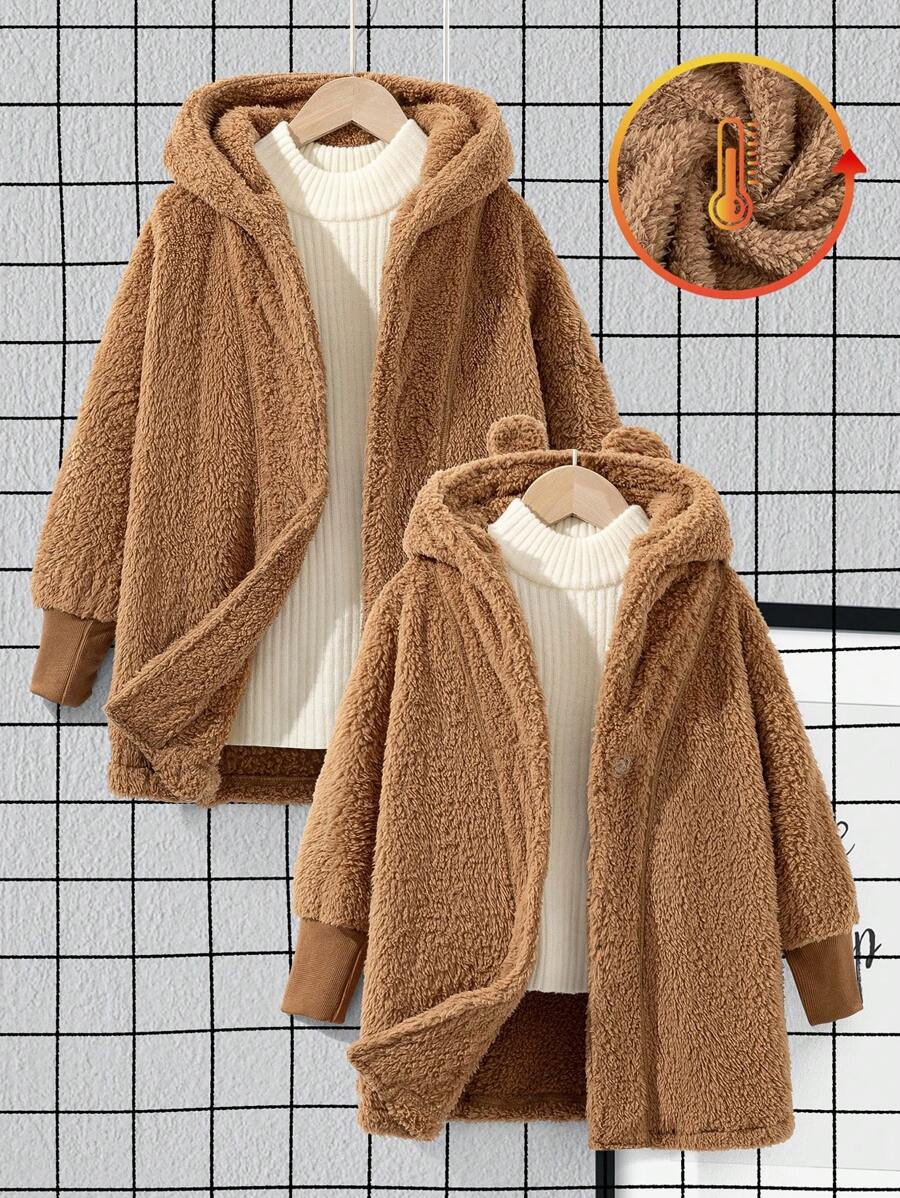 年轻女孩连帽开衫带3D耳朵毛茸茸保暖防风加保暖内衬秋冬新款咖啡棕色户外休闲姐妹搭配可爱上衣连帽长袖针织时尚冬装 - 棕色 - 查看 1