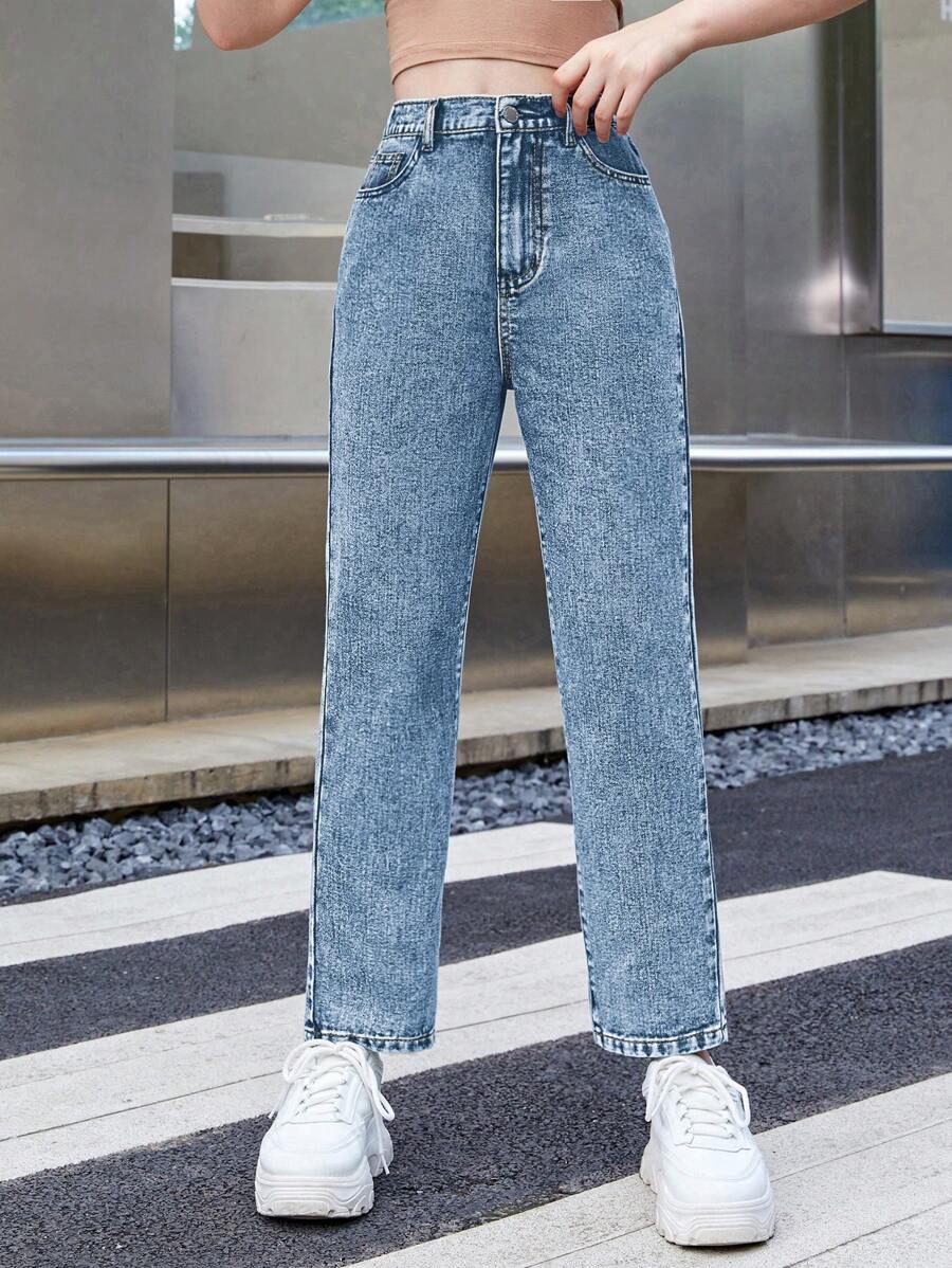 SHEIN Vaqueros rectos holgados y versátiles con bolsillos para adolescentes y chicas - Azul lavado medio - Ver 1