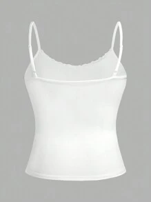 Flirla Women's Basic V-Neck Lace Trim Adjustable Spaghetti Strap Stretchy Knit Camisole Top - White - View 2