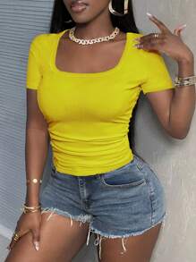 Slaydiva 基本款休闲简约圆领短袖修身侧褶皱罗纹弹力白色女式 T 恤