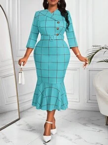 SHEIN Lady 大码女式中长款前扣格子印花连衣裙