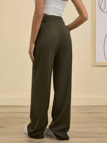 SHEIN Tall 高腰女式纯色阔腿裤 - 軍綠色 - 查看 2