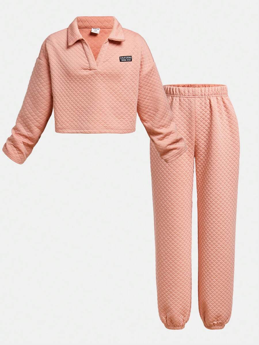 Tween-Mädchen 2-teiliges Set: Langärmliges Oberteil mit Steppkragen und schmal geschnittene Hose - Babypink - Übersicht 1