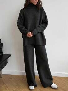 INAWLY Plus Size Women High Neck Drop Shoulder Solid Color Sweater & Knitted Pants Casual Set, Autumn/Winter