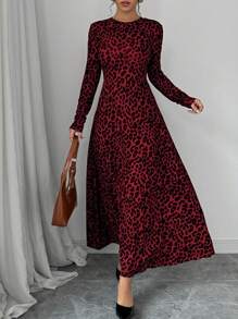 Chiquease Váy Maxi Họa Tiết Da Báo Thời Trang Thu Đông Cho Nữ Quần Áo Năm Mới - Đỏ - Xem 4