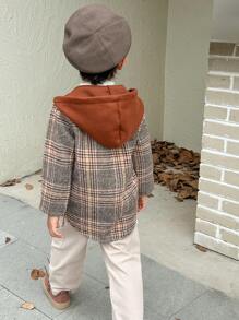 Young Boy Plaid Splice Long Sleeve Colorblock Hooded Casual Loose Jacket, Winter