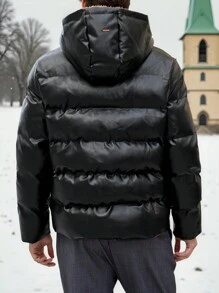 Manfinity VCAY 男士修身休闲连帽保暖内衬加厚棉衣，适合秋冬季外出黑色绗缝冬衣，适合朋友、丈夫、男朋友的礼物 - 黑色 - 查看 3