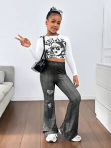 SHEIN Tween 女童针织牛仔效果仿旧印花休闲喇叭裤 - 黑色 - 查看 5