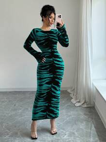 Elenzga 女式圆领长袖休闲修身紧身收腰连衣裙 - 綠色 - 查看 6