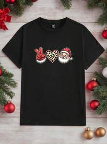 Manfinity Homme 1 Stück schwarzes Rundhals T-Shirt für Herren, (ein Preis) Weihnachten T-Shirt, geeignet für Paar-Party, vielseitig einsetzbar