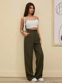 SHEIN Tall 高腰女式纯色阔腿裤 - 軍綠色 - 查看 3