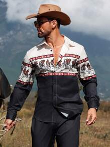 Manfinity Nomadique Men's Western Cowboy Casual Vacation Wild Horse Print Black Khaki Color Block Long Sleeve Shirt & Pants Suit, Men Clothes, Long Sleeve Men Button Up Vintage Shirts & Pants, Men Two Pieces Outfits - Multicolor - View 2