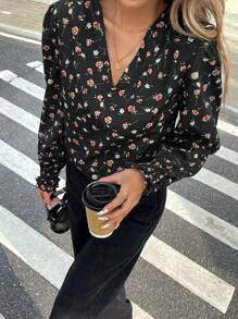 SHEIN Frenchy 女士夏季度假休闲满印花长袖衬衫、图案女衬衫、春季碎花连衣裙、长袖上衣 - 黑色 - 查看 5