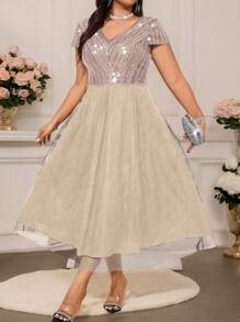 SHEIN Belle Plus Size Women's Sequined Mesh Insert Cap Sleeve Bodycon Dress Maxi Women Outfit