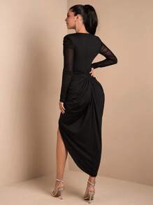 SHEIN BAE Long Sleeve Solid Black Sexy Deep V-Neck Ruched Tight Slit Dress, Elegant For Cocktail Parties, Romantic Dates, Layering In Autumn/Winter, Gatherings, Weddings - Black - View 2