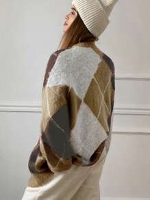 DAZY 女式宽松格子 V 领纽扣长袖开衫，秋季女装夹克 - 卡其色 - 查看 2