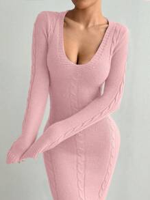 SHEIN Unity Long Casual V-Neck Versatile Sweater Dress - Baby Pink - View 4
