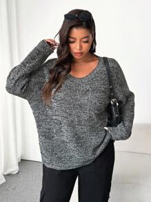 Flirla Women Plus Fashionable Floral Pattern Pocket Patched Round Neck Long Sleeve Sweater, Suitable For Autumn And Winter Knit Pullover Fall - Black and White - View 5
