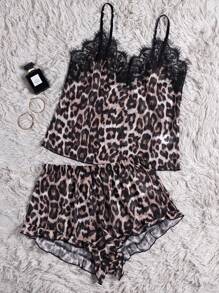 Leopard Print Lace Trim Mesh Cami Top & Shorts PJ Set / Pajama Set